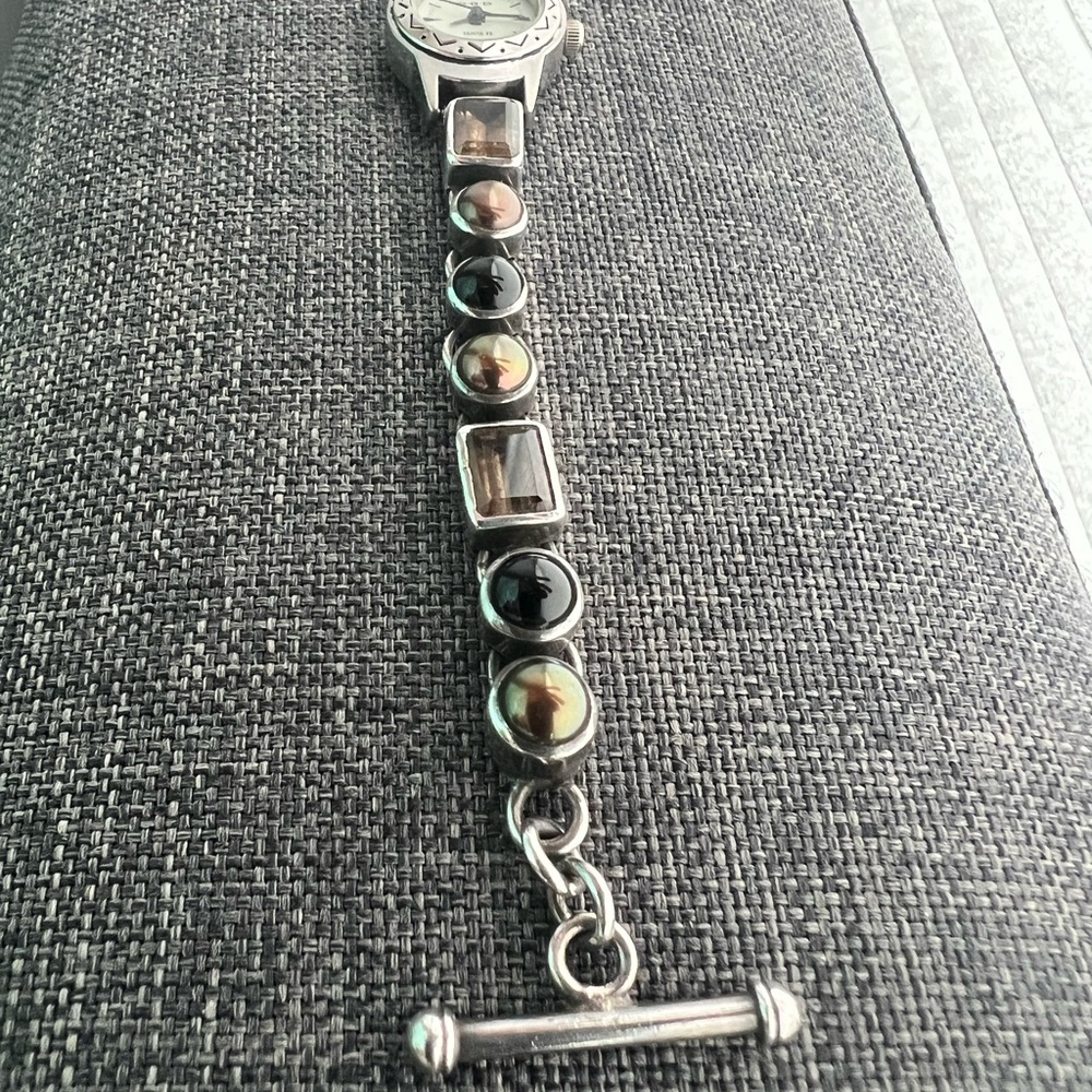 Vintage Peyote Bird Smoky Quartz Navajo Pearl Black Onyx & Silver Watch Bracelet - Picture 11 of 17